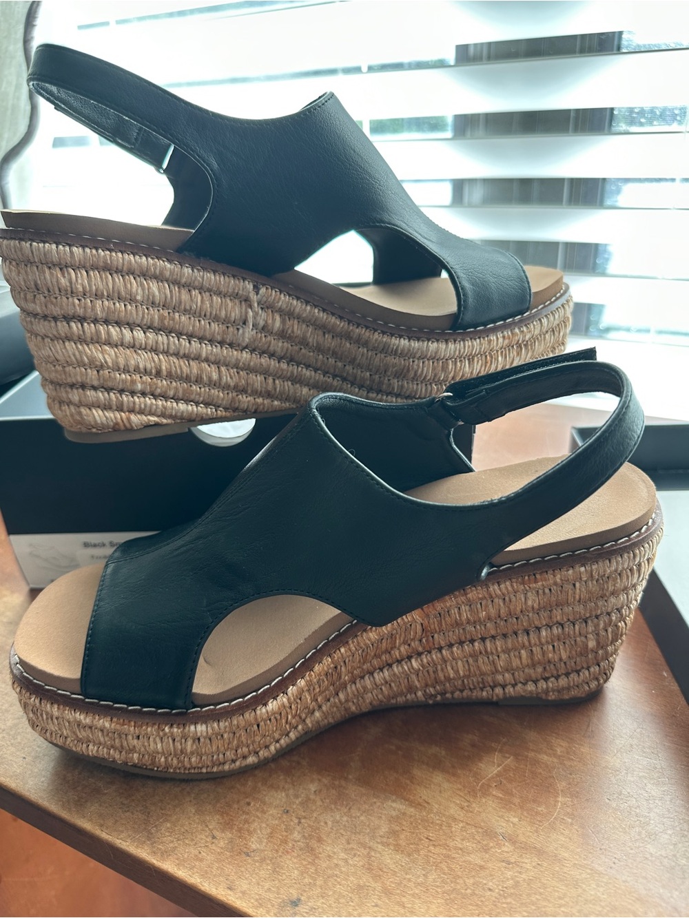 NIB Corkys Black Leather Slingback Wedge Sandals with Espadrille Platform - Picture 9 of 13